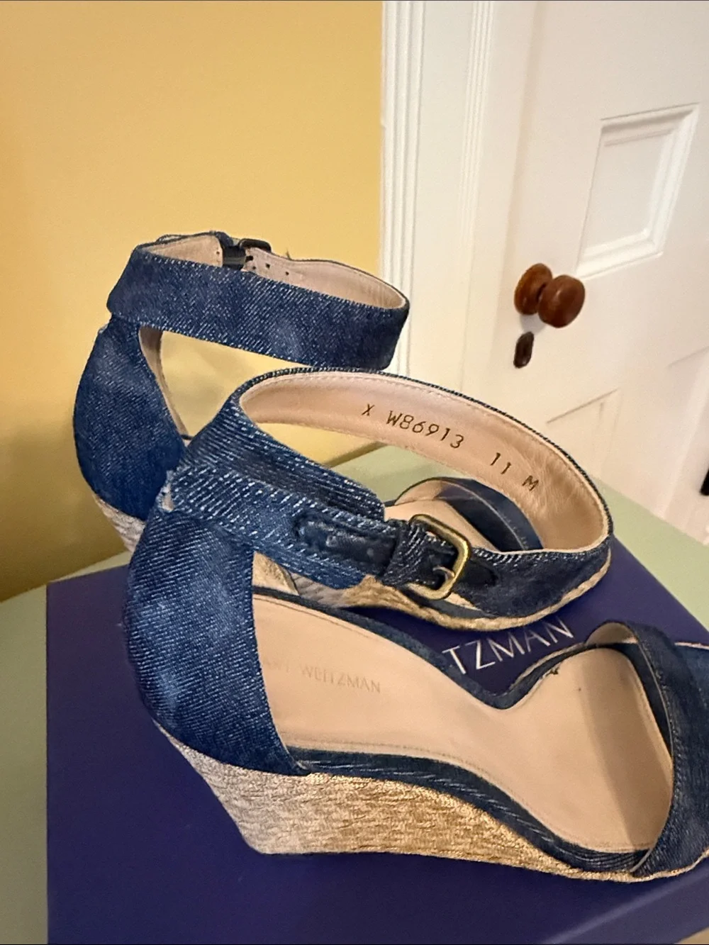 Stuart Weitzman Back up Wedge Navy Antique Denim Ankle Strap Heel - Picture 5 of 6